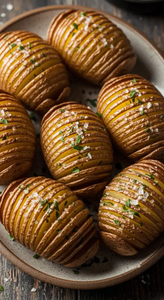 Pommes de terre Hasselback traditionnelles dorées beurre herbes découpe accordéon