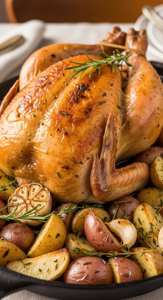 Poulet rôti aux pommes de terre dorées croustillant parfait
