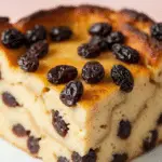 Pudding de pain et raisins au rhum avec croûte dorée raisins visibles