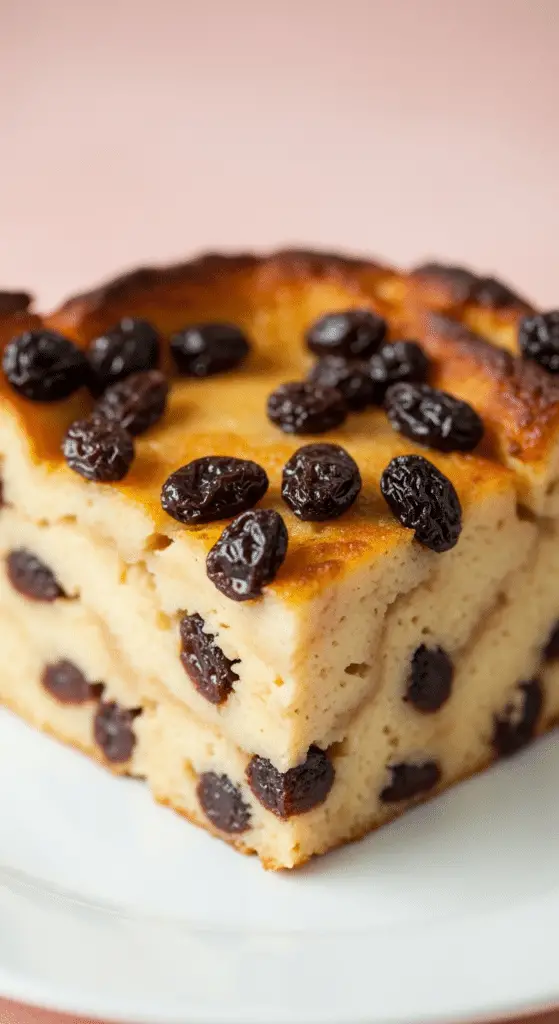 Pudding de pain et raisins au rhum avec croûte dorée raisins visibles