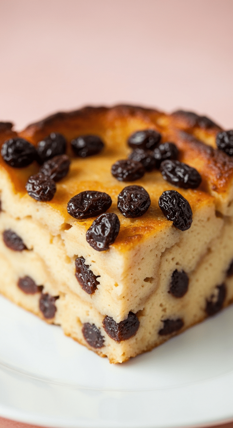 Pudding de pain et raisins au rhum avec croûte dorée raisins visibles