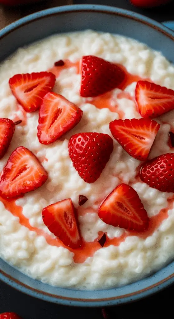 Riz au lait crémeux fraises fraîches vanillé onctueux traditionnel