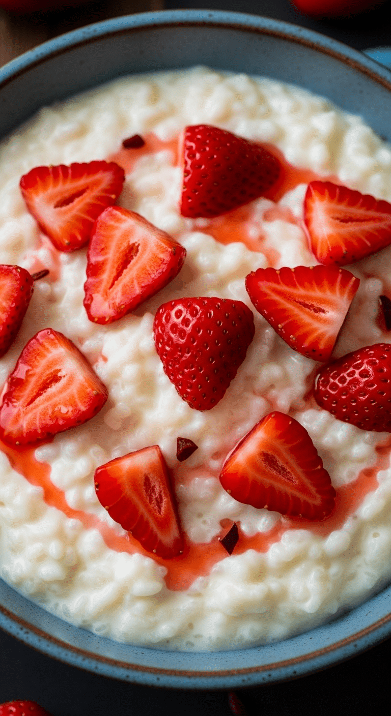 Riz au lait crémeux fraises fraîches vanillé onctueux traditionnel