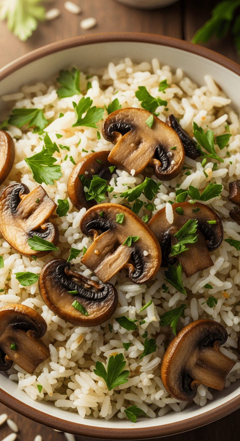 Riz aux champignons persillé fumant réconfortant bol rustique