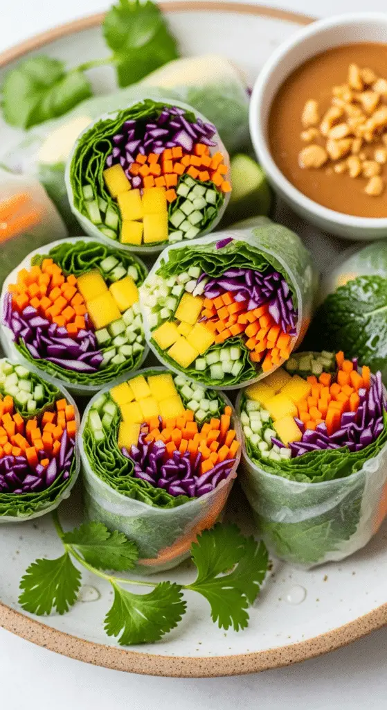 Rouleaux de printemps mangue légumes croquants translucides colorés frais