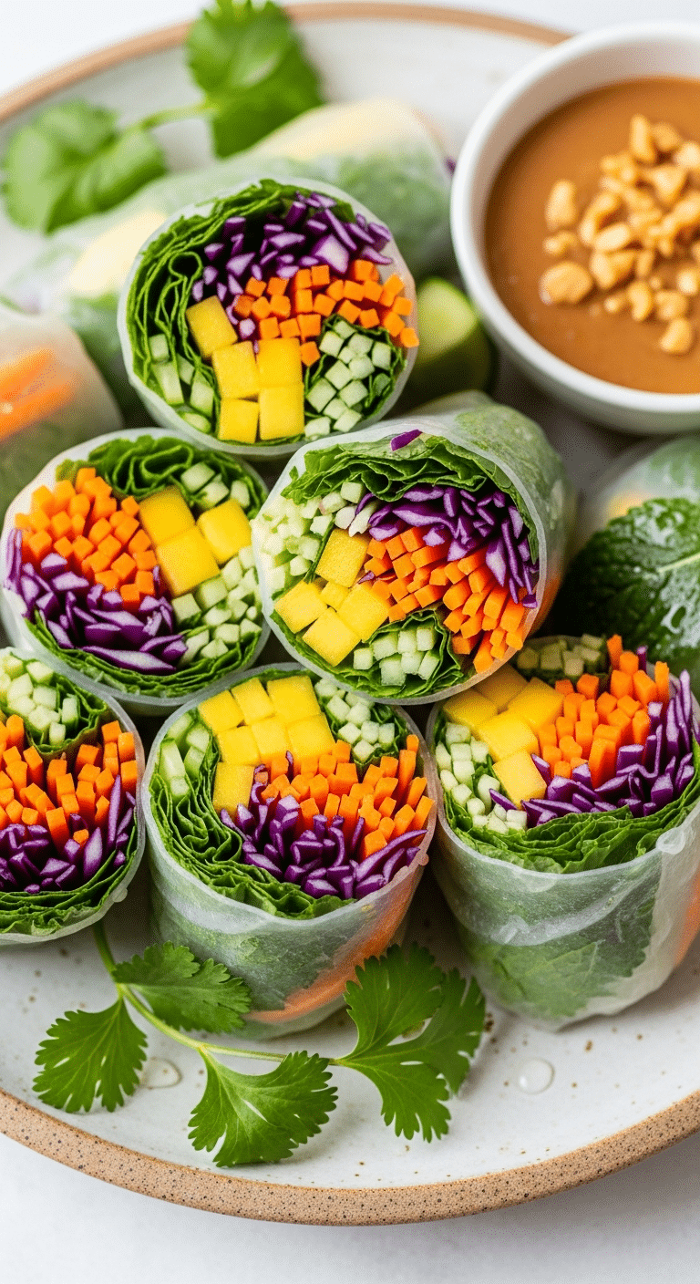 Rouleaux de printemps mangue légumes croquants translucides colorés frais