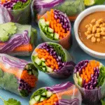 Rouleaux de printemps végétariens chou rouge carotte coriandre sur assiette blanche avec sauce soja