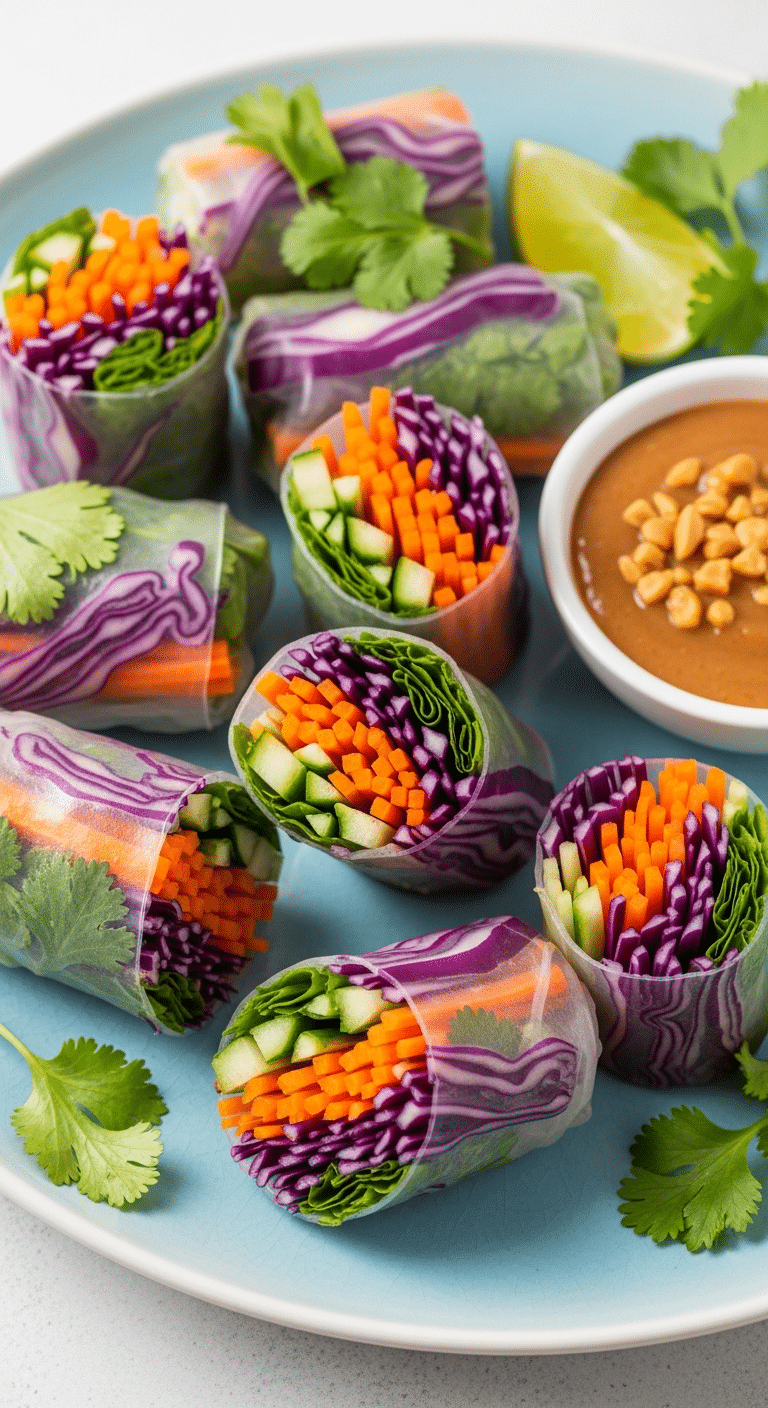 Rouleaux de printemps végétariens chou rouge carotte coriandre sur assiette blanche avec sauce soja
