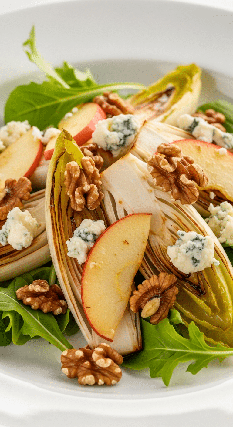 Salade endives rôties pommes dorées noix fromage bleu gastronomique