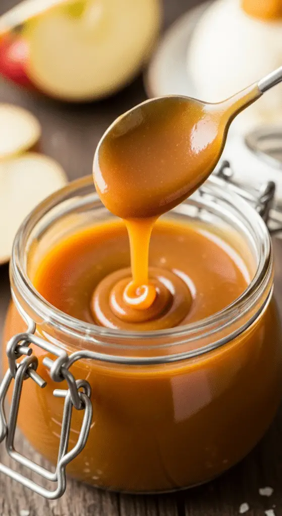 Sauce caramel maison dorée veloutée coulant bocal verre transparent