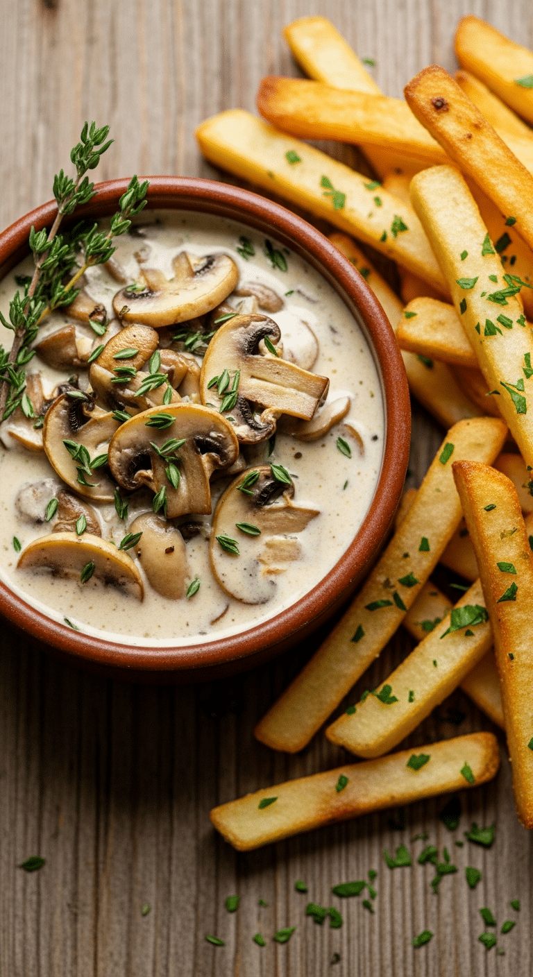 Sauce crémeuse champignons thym frites onctueuse parfaite restaurant