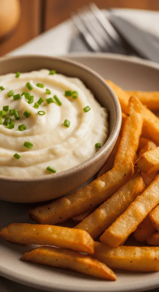 Sauce rustique ail pommes terre ciboulette crémeuse bol frites croustillantes