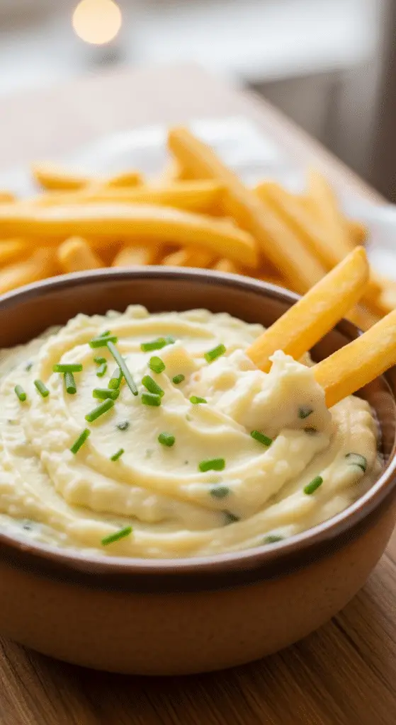 Sauce rustique terminée bol blanc texture crémeuse granuleuse ciboulette frites