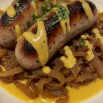 Saucisses moutarde oignons fondants sauce crémeuse dorées parfaites