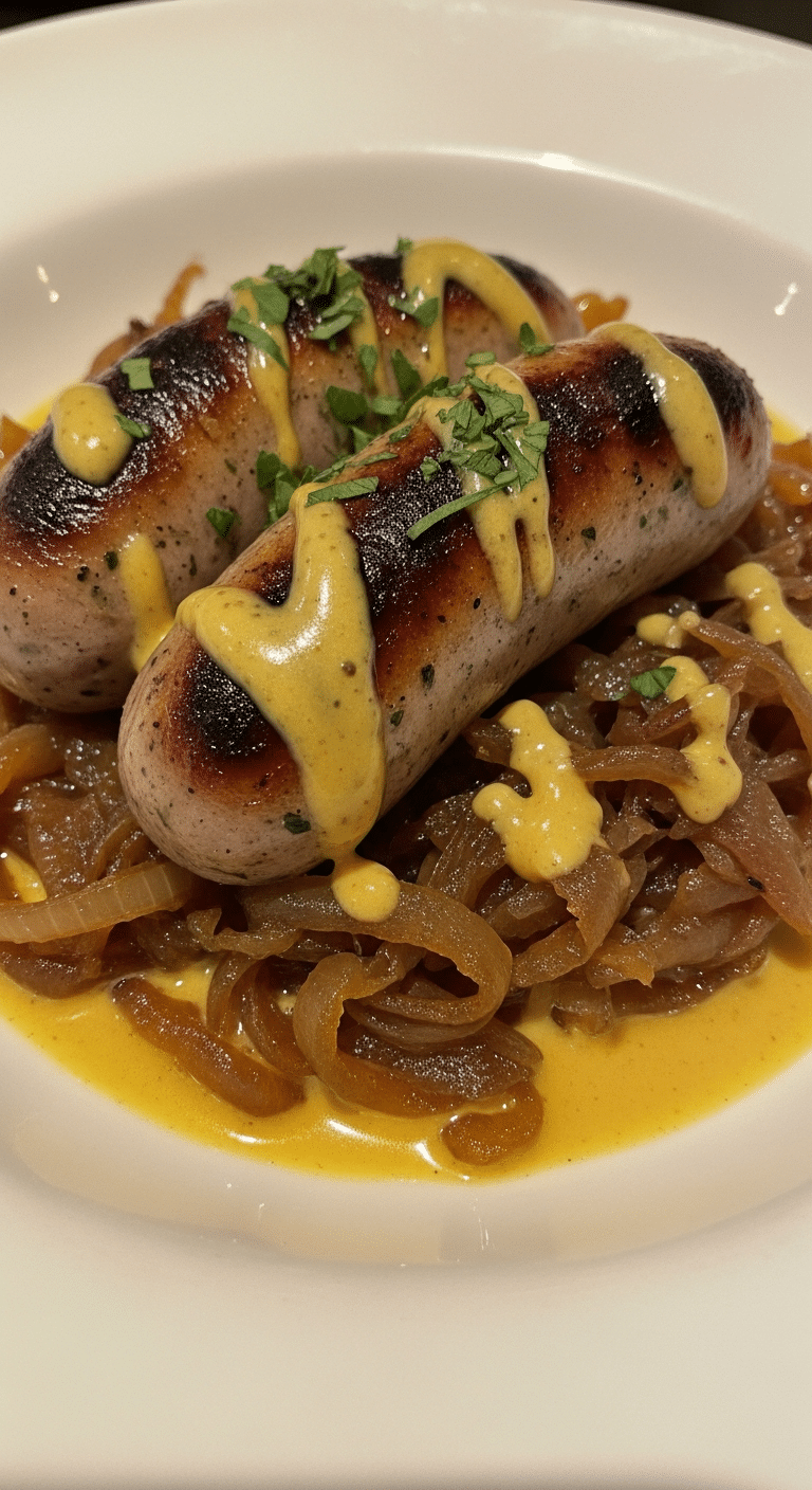 Saucisses moutarde oignons fondants sauce crémeuse dorées parfaites