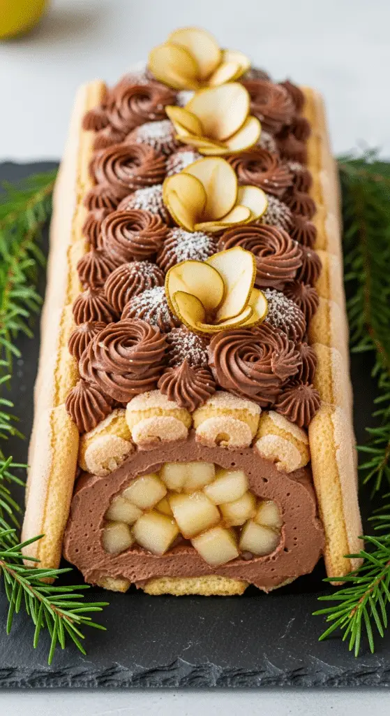 Service élégant bûche choco-poire charlotte tranche couches