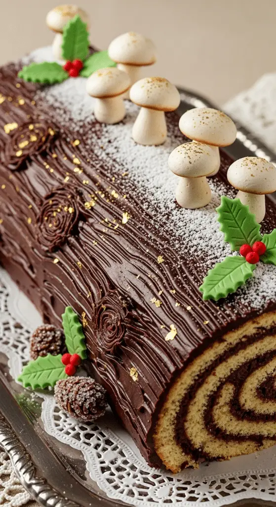 Service élégant bûche Noël traditionnelle tranche couches spirale