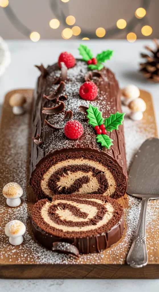 Service élégant bûche Noël traditionnelle moelleuse tranche parfaite