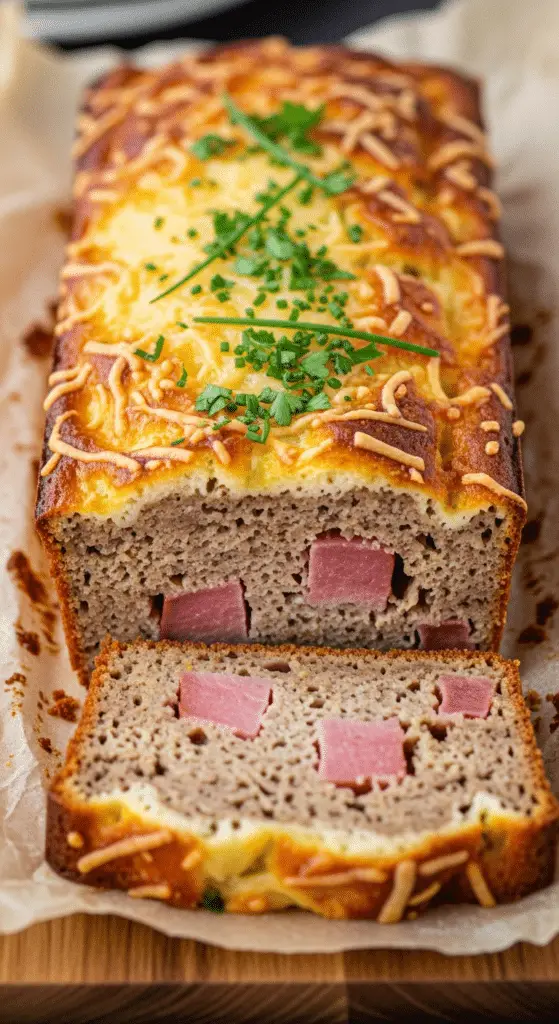 Service élégant cake jambon gruyère râpé tranche généreuse moelleuse