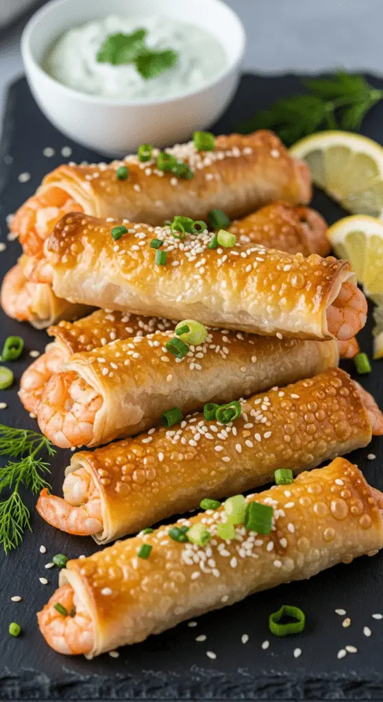 Service élégant cigares croustillants crevettes ail plateau sophistiqué