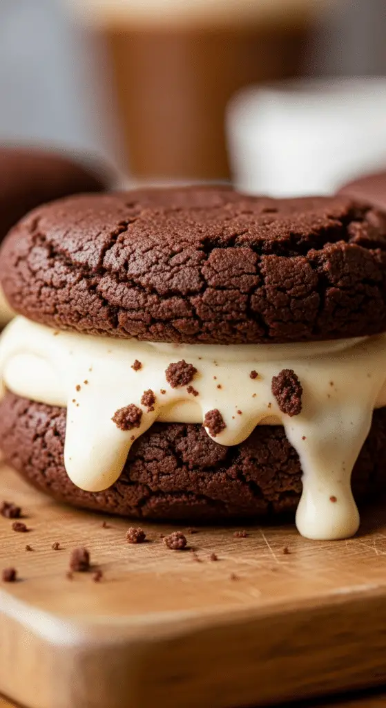 Cookie sandwich chocolat servi avec verre de lait et garniture coulante