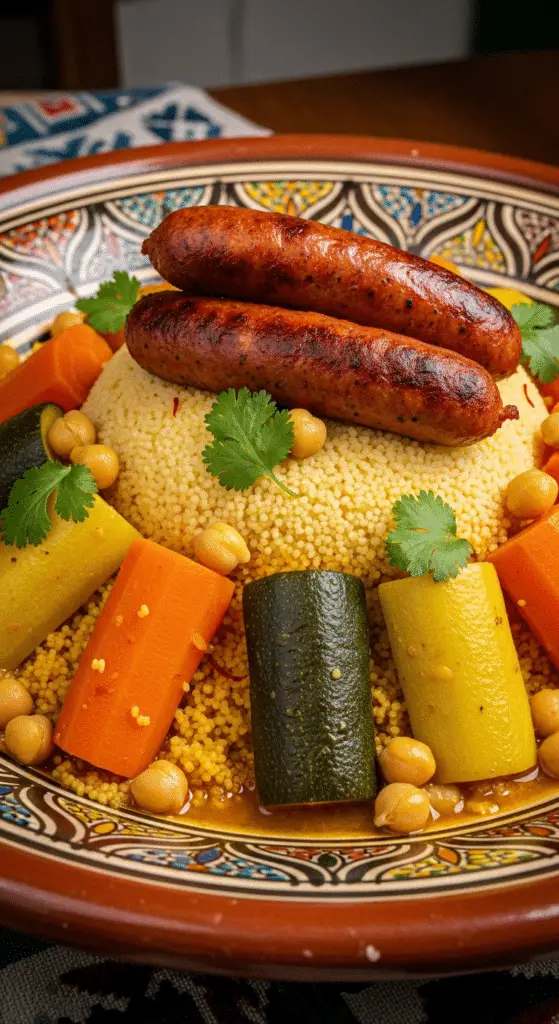 Service traditionnel couscous merguez légumes plat familial maghrébin