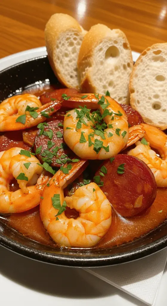 Service élégant crevettes sautées chorizo paprika tapas espagnoles