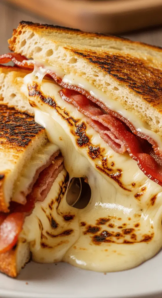 Service élégant croque-raclette bacon planche bois rustique