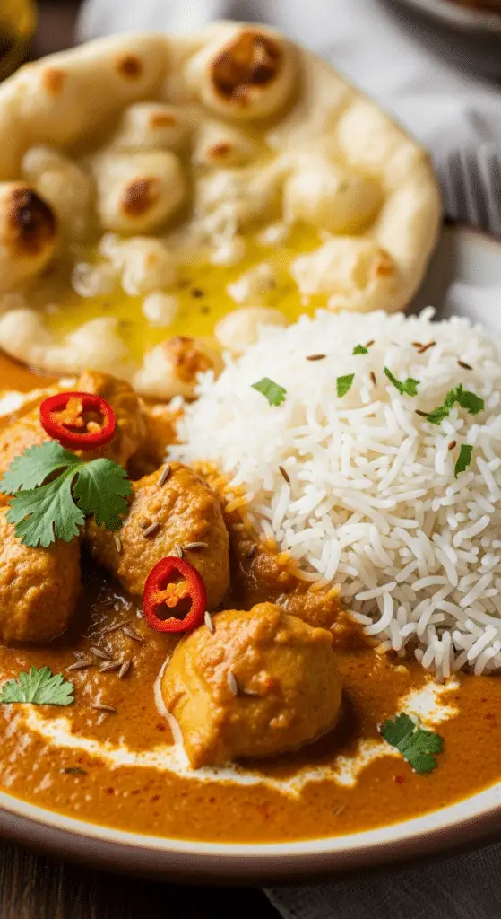 Service élégant curry poulet riz basmati naan assiette traditionnelle