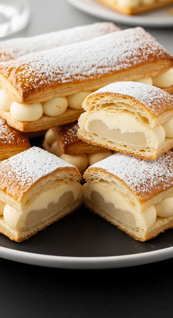 Service élégant feuilleté amandes crème couches texture visible