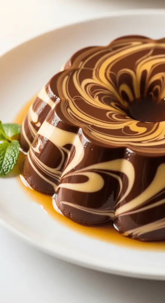 Service élégant part flan marbré vanille chocolat assiette fine