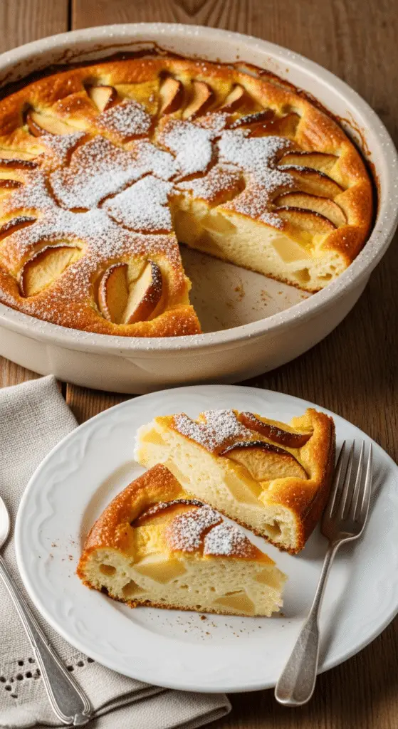 Service élégant flan pommes-yaourt tranche moelleuse assiette