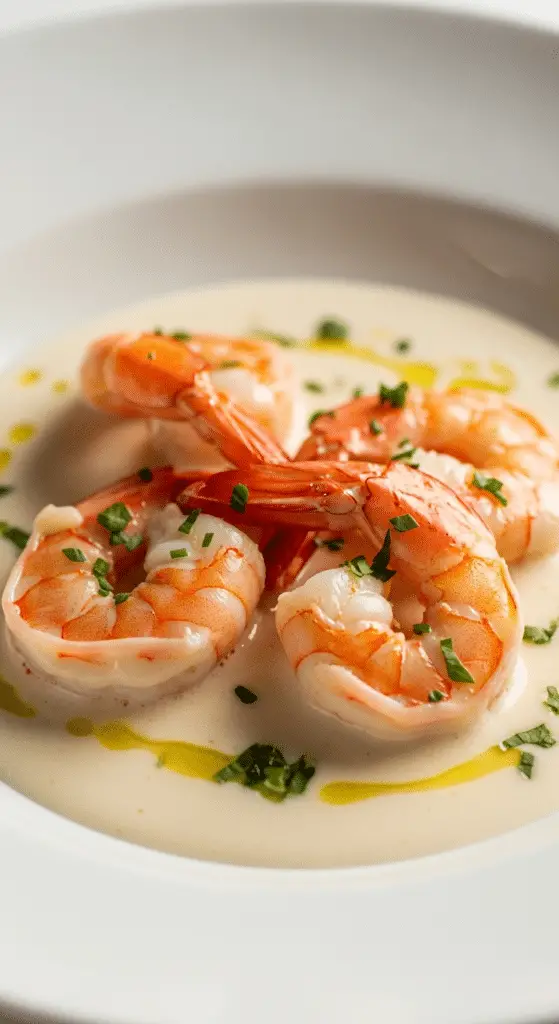 Service élégant gambas crème ail doux traditionnelle française raffinée