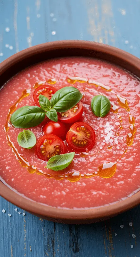 Service élégant gaspacho pastèque huile olive basilic verrine transparente