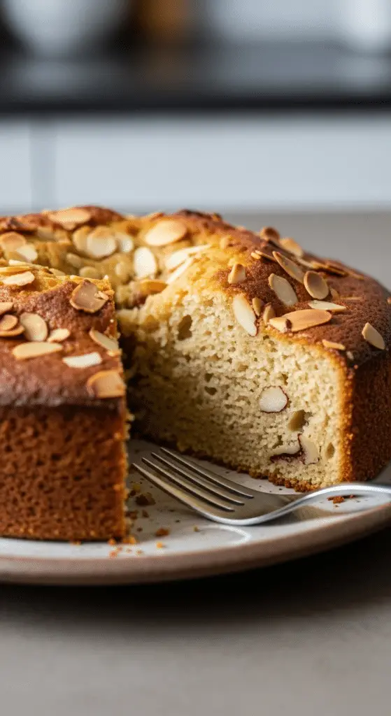 Service élégant gâteau moelleux amandes airfryer assiette blanche