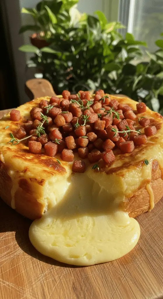 Service élégant gâteau raclette lard fumé tranche généreuse