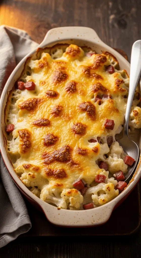 Service élégant gratin chou-fleur jambon fromage assiettes blanches