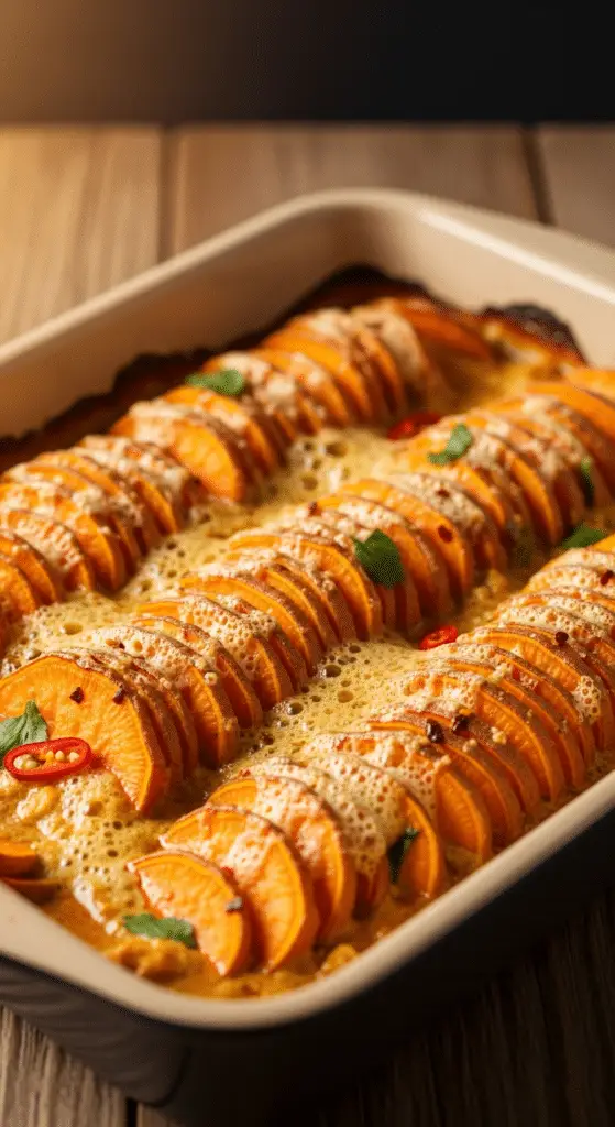 Service élégant gratin patates douces coco curry tranche parfaite