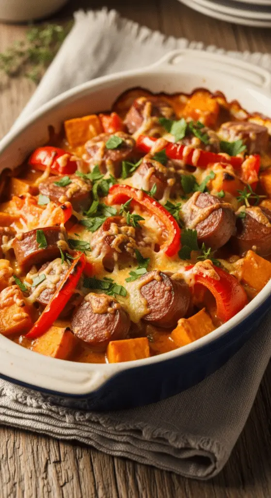 Service élégant gratin saucisses patate douce poivron assiettes