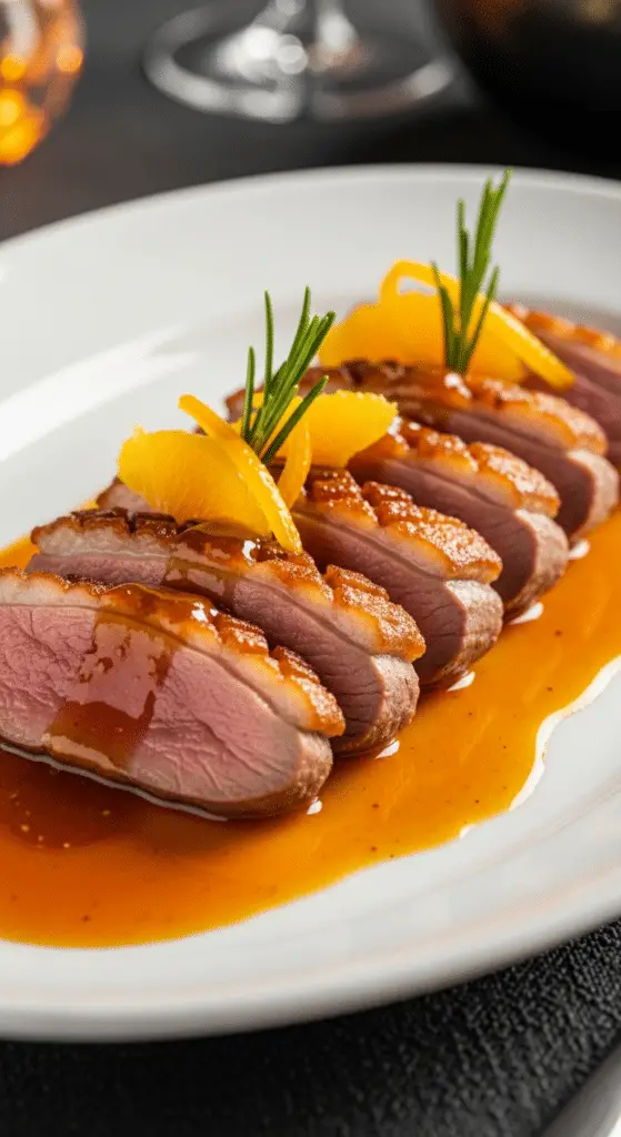 Service élégant magret canard orange gastronomique français raffiné