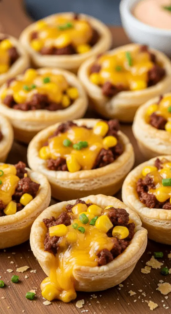 Service élégant mini tartelettes bœuf maïs fromage plateau