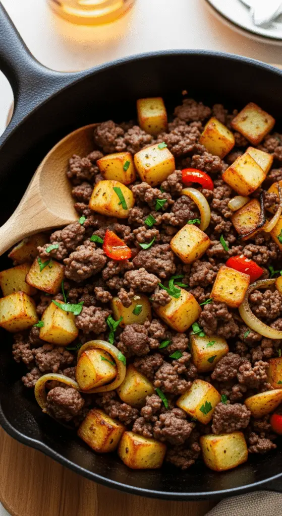 Service convivial poêlée bœuf haché pommes terre familial