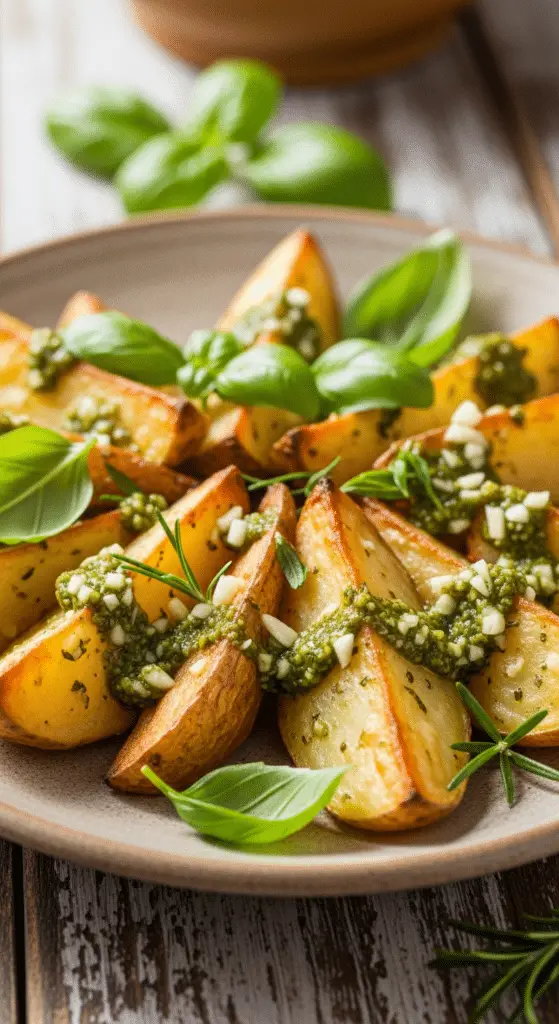 Service élégant pommes terre four pesto méditerranéen italien