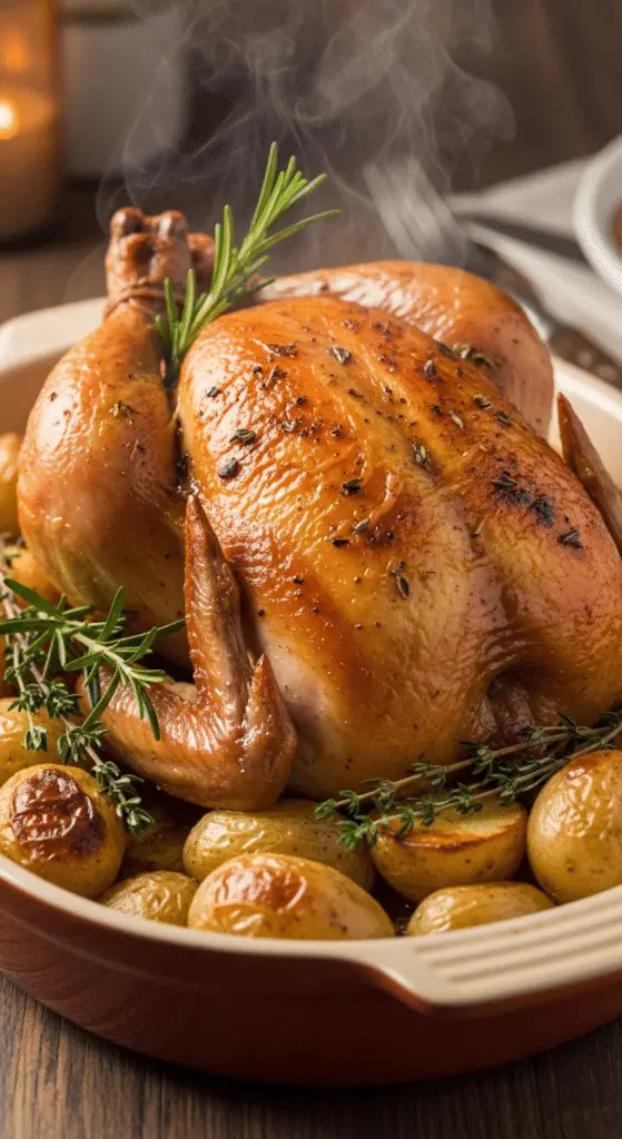 Service élégant poulet rôti pommes terre découpé assiette