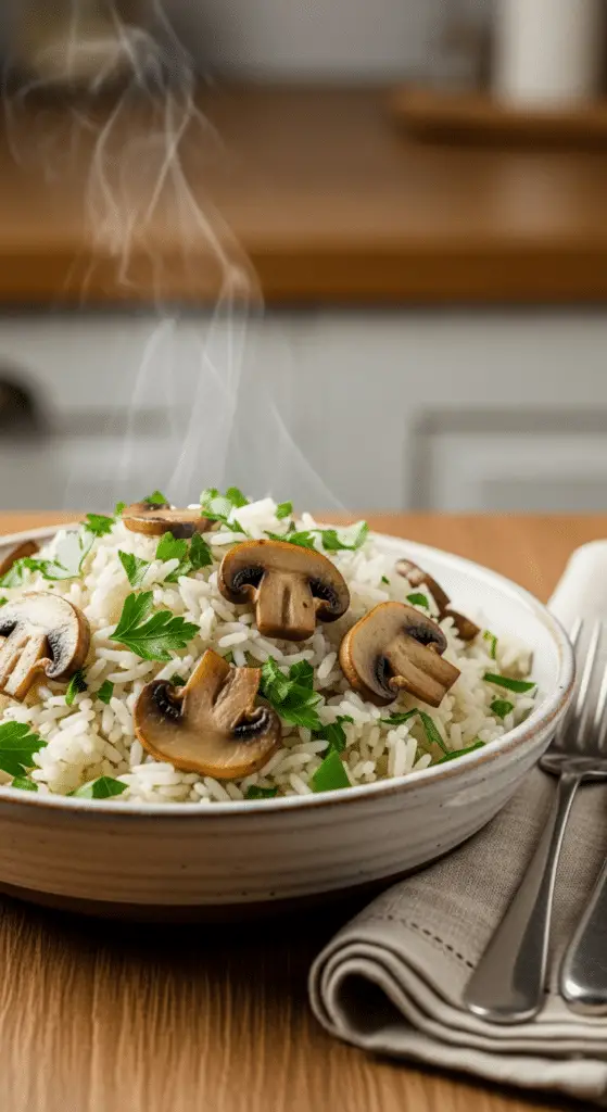 Service élégant riz champignons persillé assiette blanche raffinée