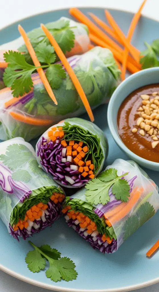 Rouleaux printemps végétariens coupés montrant coupe transversale légumes colorés chou carotte