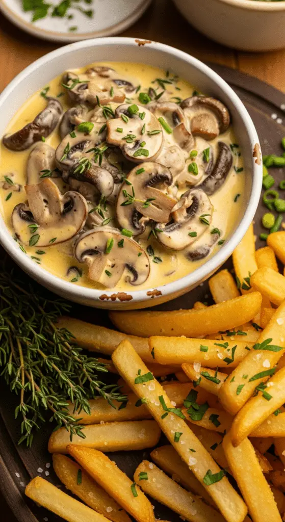 Service élégant sauce crémeuse champignons thym frites restaurant