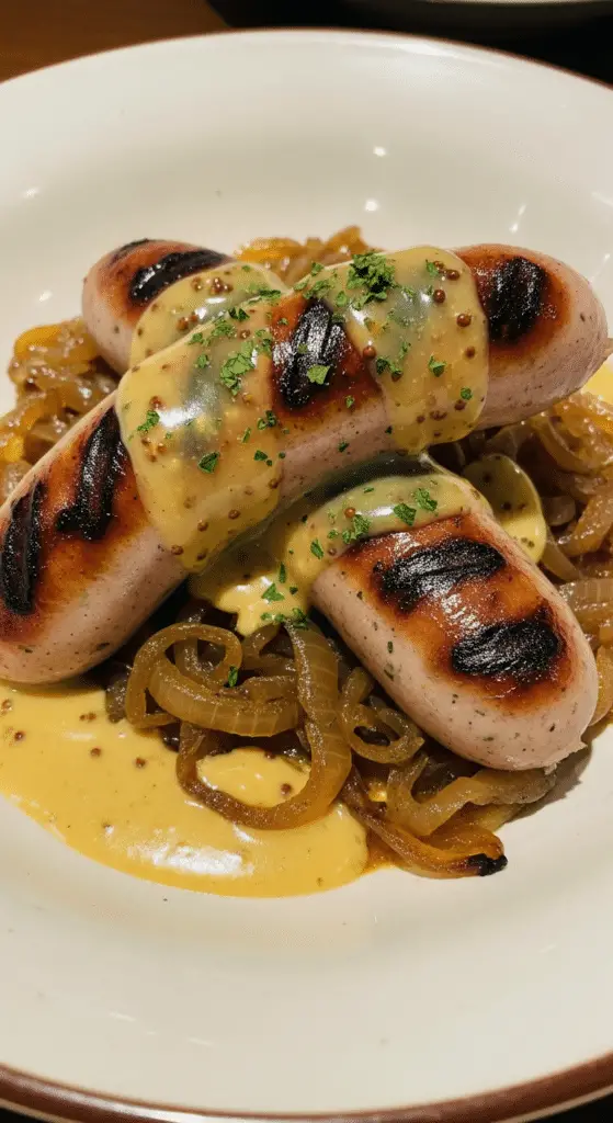 Service élégant saucisses moutarde oignons fondants assiette