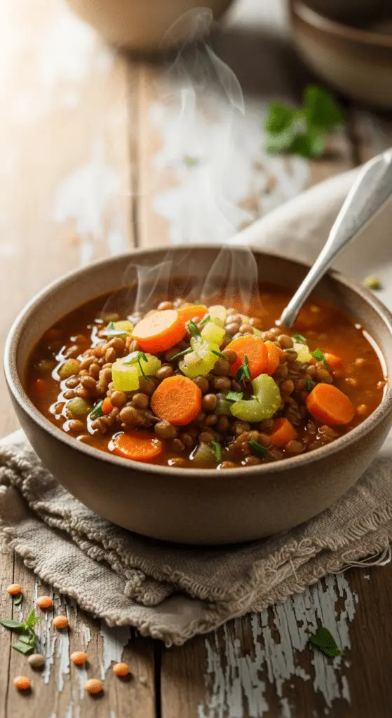Service soupe légumes lentilles bol chaud pain croûtons garniture