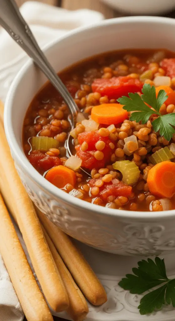 Service chaleureux soupe lentilles légumes bol fumant réconfortant